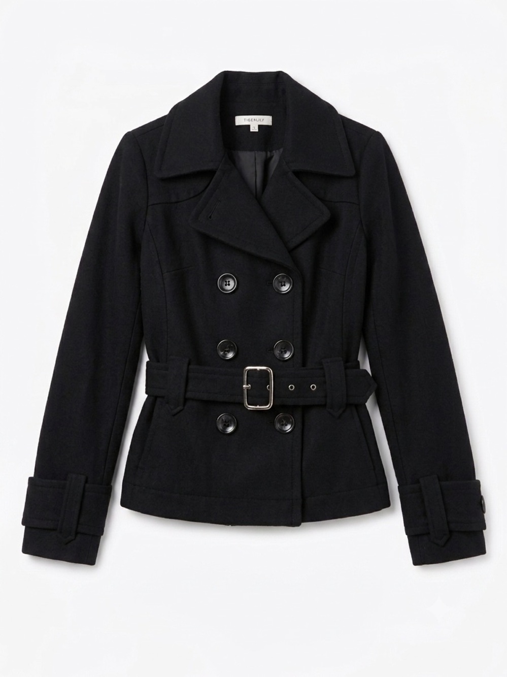 Tigerlily Black Belted Double-Breasted Pea Coat Jacket Size L